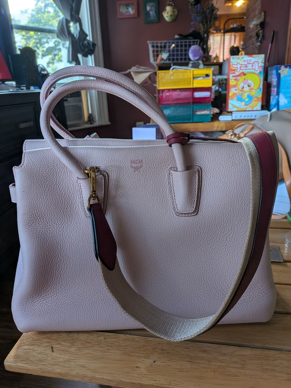 MCM Soft Pink Leather Tote Bag with Adjustable Strap